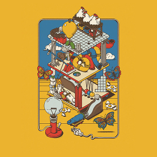 A yellow cabinet of curiosities stacked with objects