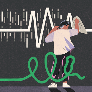 A figure in headphones standing under a waveform, trailing a green cable
