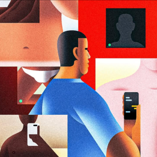 A person in a blue shirt holding a phone, framed in red