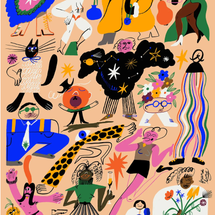 A dense crowd of figures, flowers and creatures around a black star