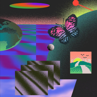A pixelated butterfly over a checkered horizon and a distant globe