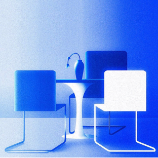 Empty chairs around a table, lit blue