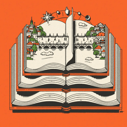 An open book with a bridged city rising out of its pages