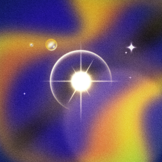 A star burning inside a ring, on a field of iridescent colour