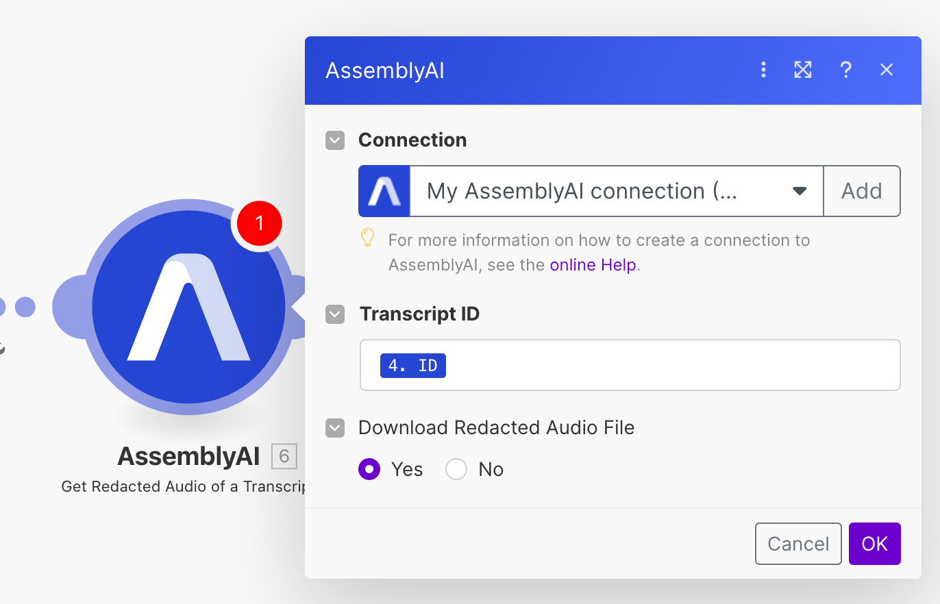 Configure AssemblyAI Get Redacted Audio of a Transcript module