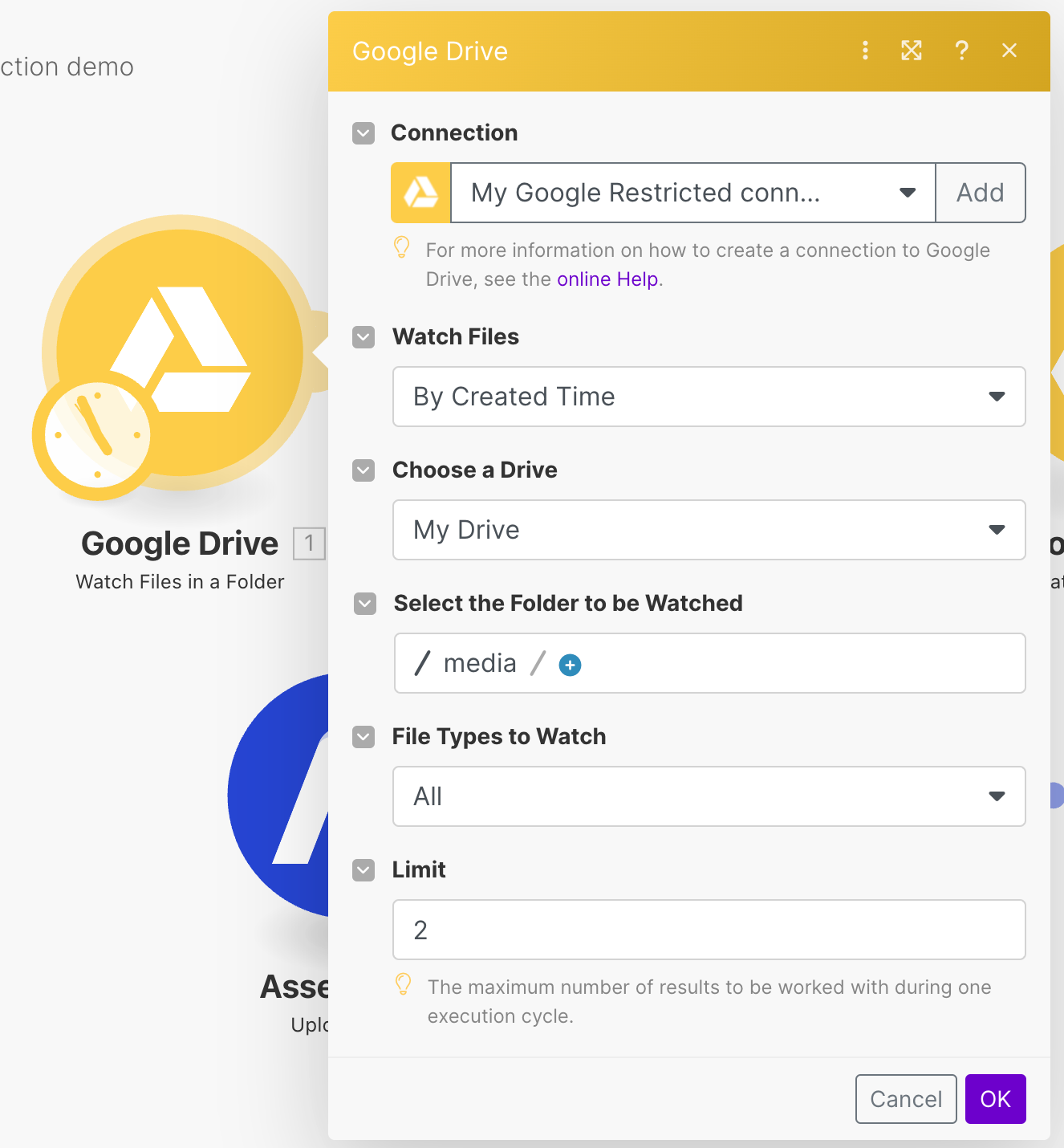 Configure Google Drive Watch Files in a Folder module