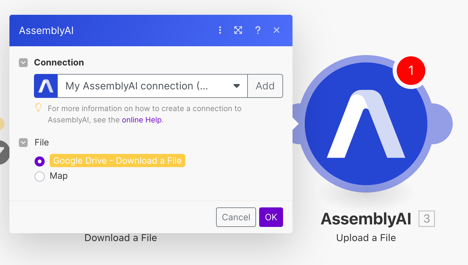 Configure AssemblyAI Upload a File module