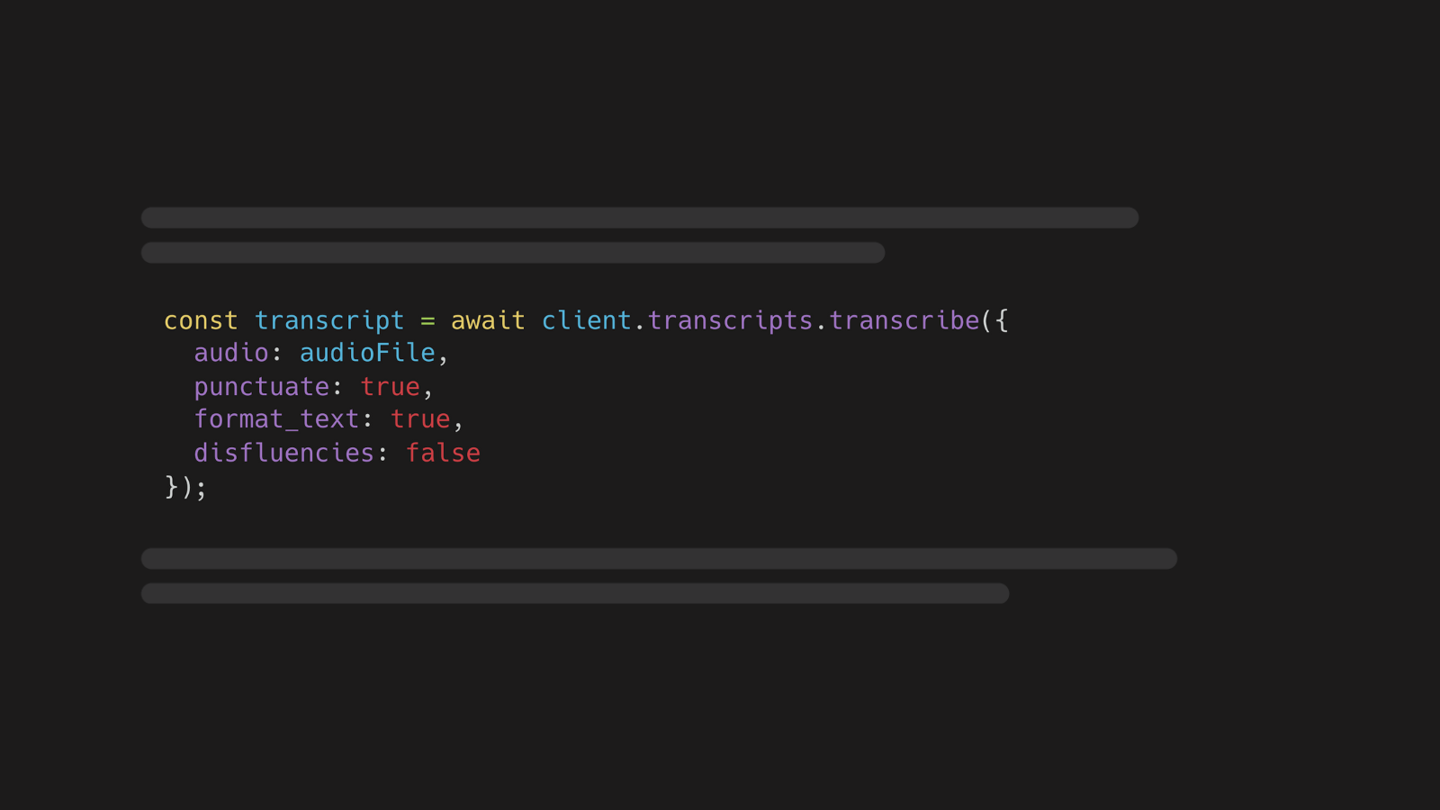 JavaScript code to transcribe audio using the AssemblyAI JS SDK with formatting