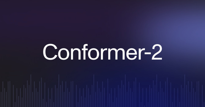 Wide banner image with a dark blue gradient background transitioning from deep to light blue from bottom to top. White text in the center reads 'Conformer-2'. Below the text, a visual representation of a soundwave in blue spans the width of the image, suggesting audio or speech patterns.