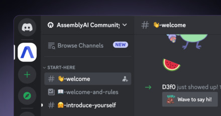 Banner showing AssemblyAI's Discord with sample channels like "#👋-welcome", "#📖-welcome-and-rules", "#🤗-introduce-yourself"