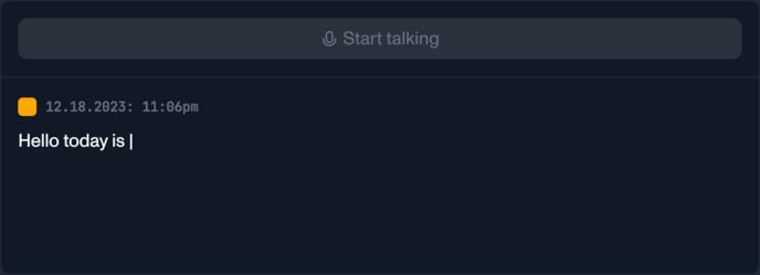 An illustration of the AssemblyAI realtime playground. On top, there's a button with the Text "Start talking". Below, there's a timestamp and output with text "Hello today is"