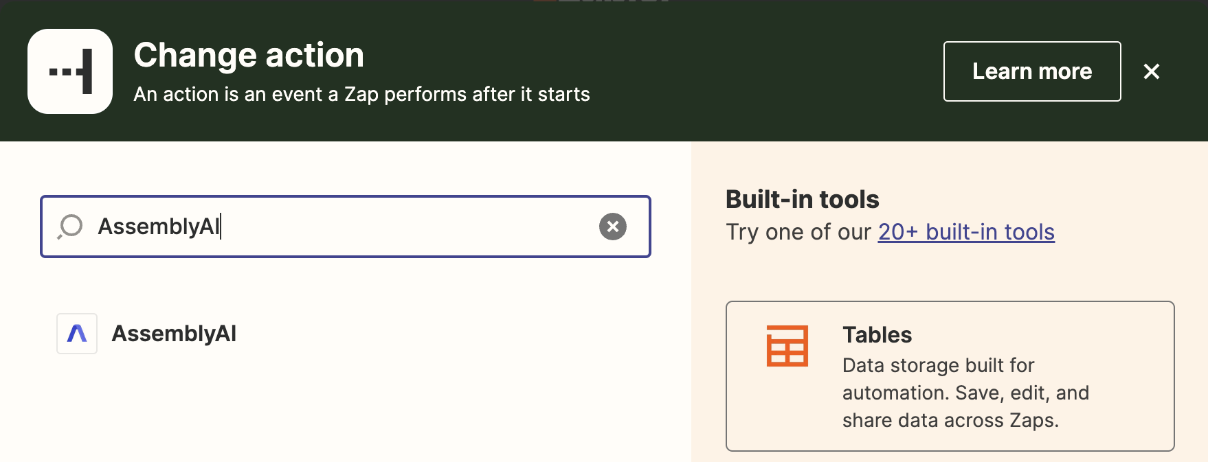 Change action Zapier screen, with AssemblyAI in search box.