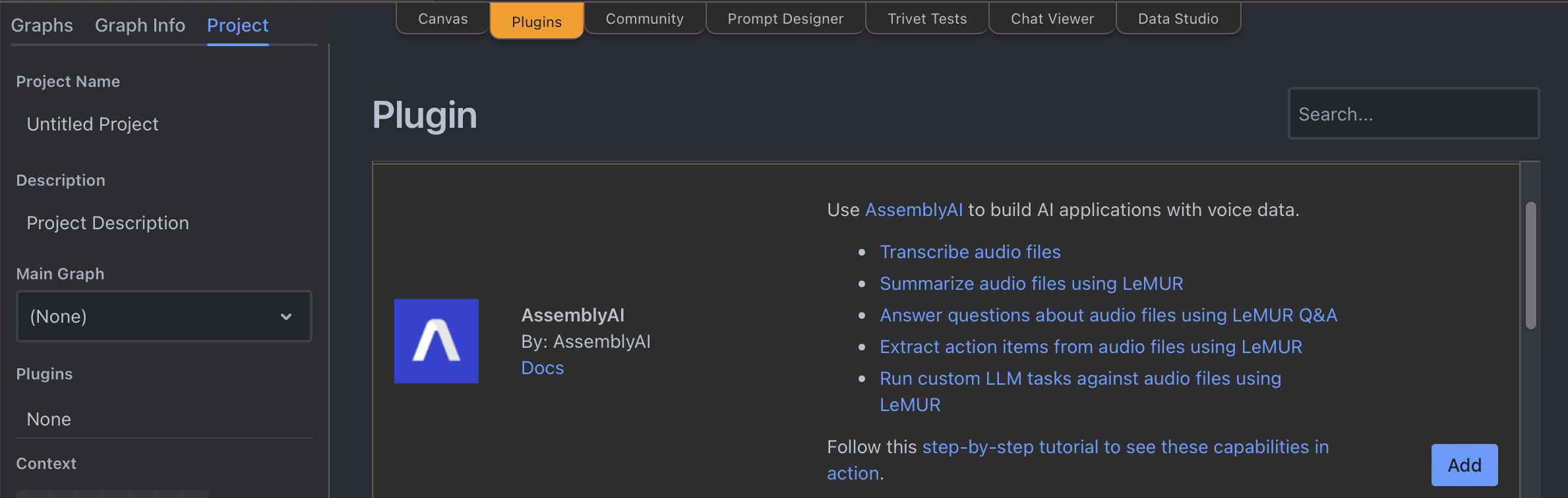 AssemblyAI plugin in the Rivet Plugins tab.