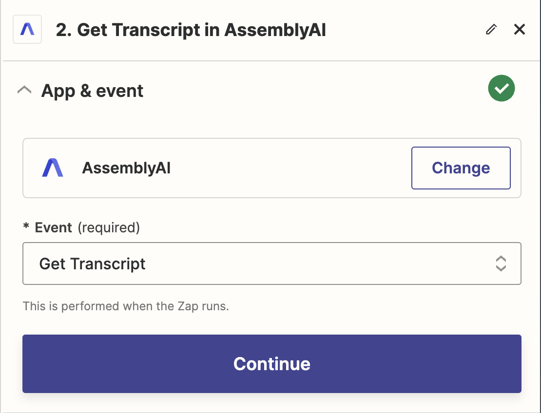 App &amp; event Zapier tab with Event field set to &quot;Get Transcript&quot;.