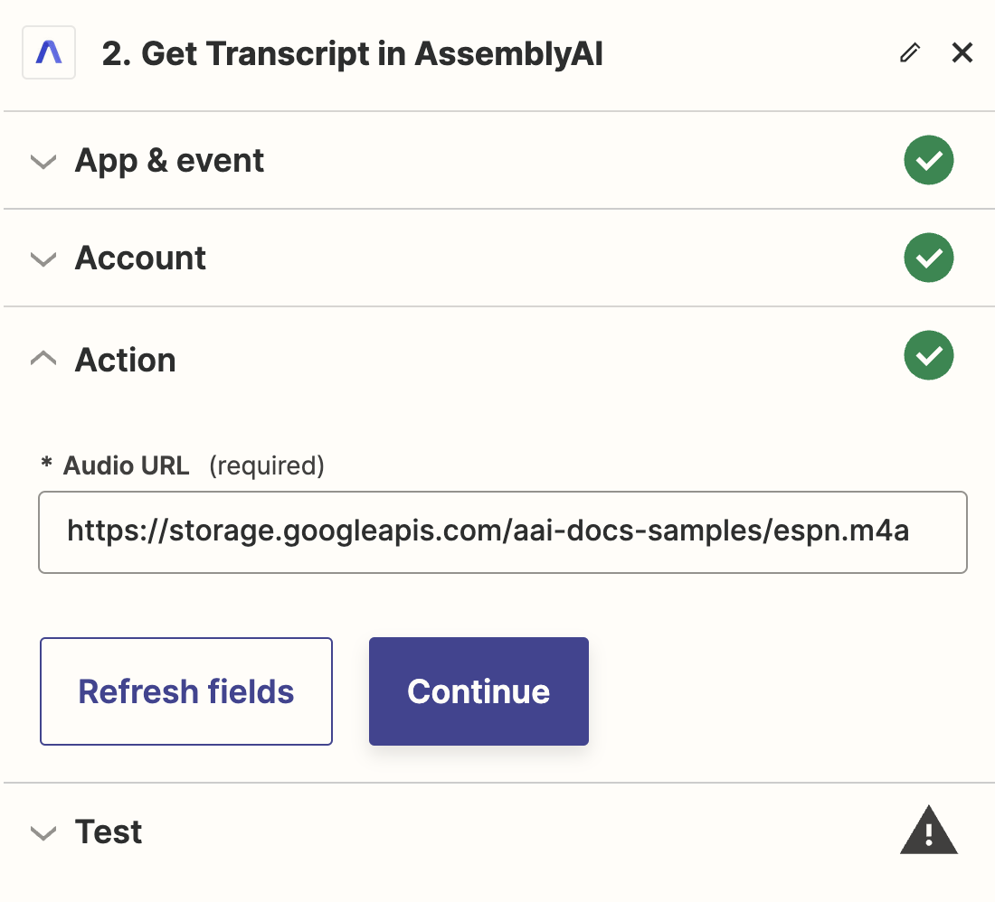 Action Zapier tab where you are prompted to enter the Audio URL to transcribe using AssemblyAI.