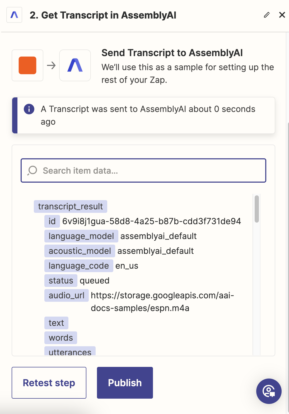 Test Zapier tab where you can see the output of the AssemblyAI Get Transcript action.