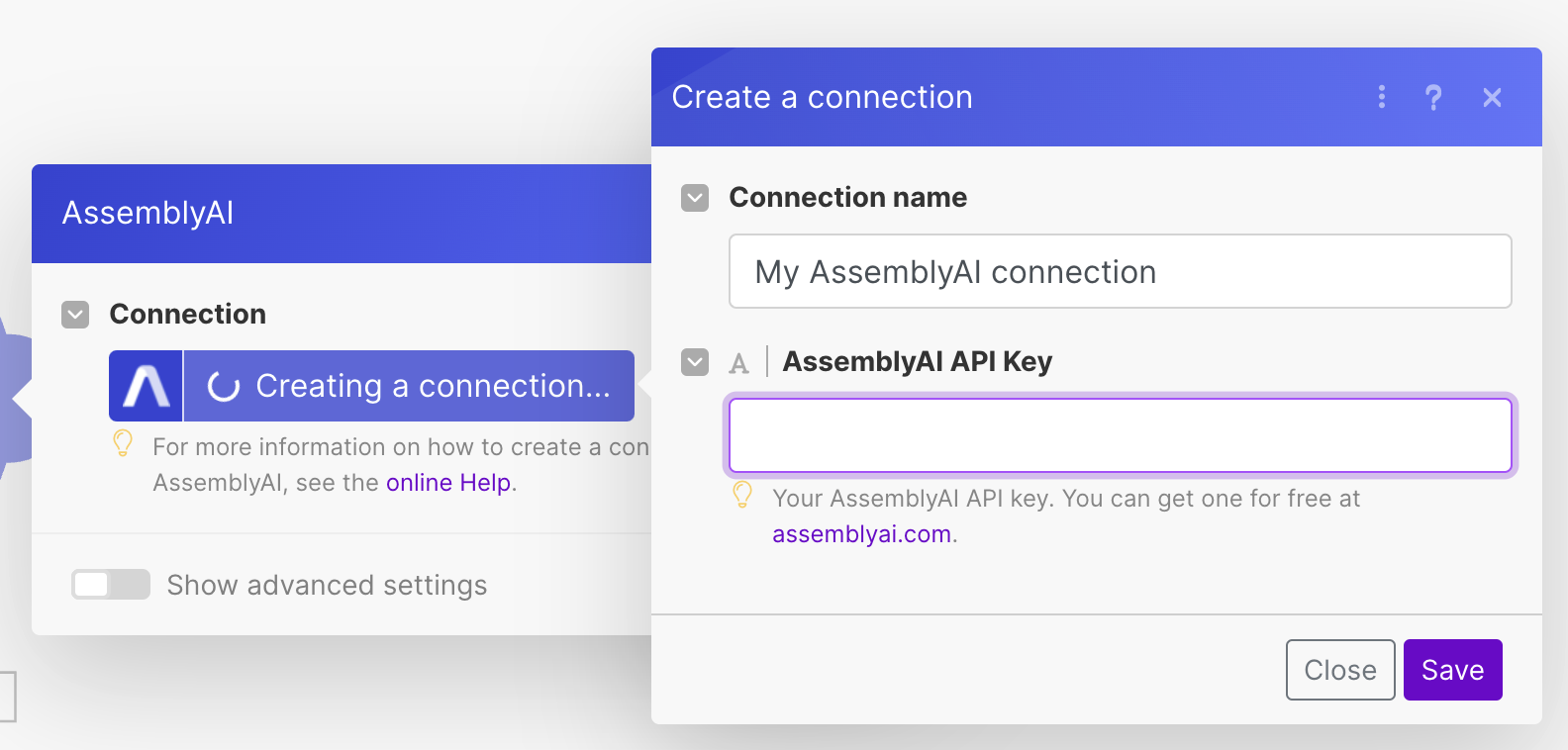 Create a connection to AssemblyAI in Make